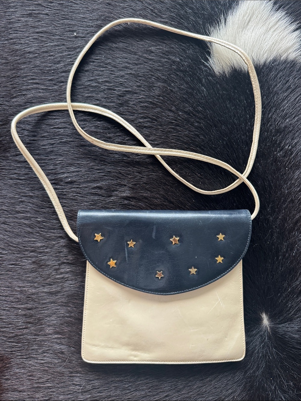 Bruno Magli Black and Cream Star-Stud Crossbody Bag Vintage